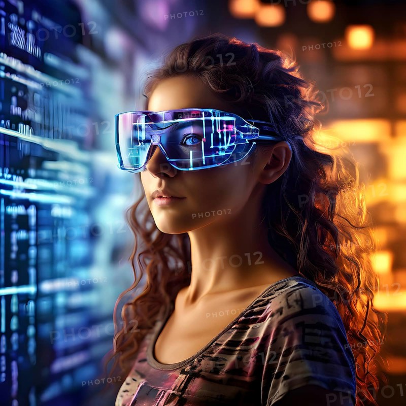 Portrait of a woman with data goggles displaying intricate streams of digital information against digital background, AI generated