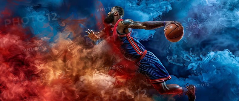 Basketball player jumping in the air with a basketball ready to slam dunk, AI generated