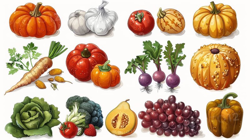 A selection of realistic vegetables and fruits including pumpkins, garlic, tomatoes, radishes, broccoli, and strawberries, AI generated