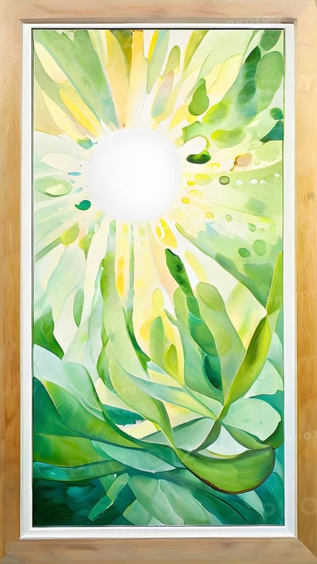 Abstract digital painting embodying sustainability with intertwining leaves glisten with water droplets, AI generated