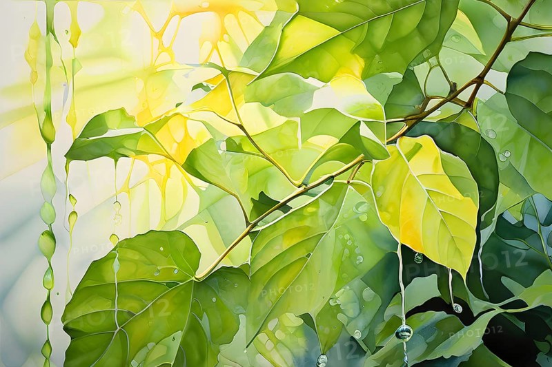 Abstract digital painting embodying sustainability with intertwining leaves glisten with water droplets, AI generated