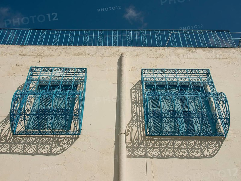 Decorative blue balconies on a white wall cast shadows, Tunis in Africa with ruins from Roman times, modern mosques and blue and white houses in sidi-bou-said, Tunis, Tunisia, Africa