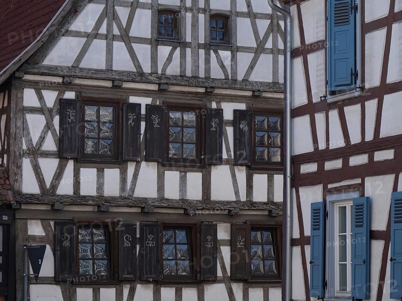 Close-up of a half-timbered house with dark shutters and stylistic accents, historic half-timbered houses in the Palatinate, kandel, Germany, Europe