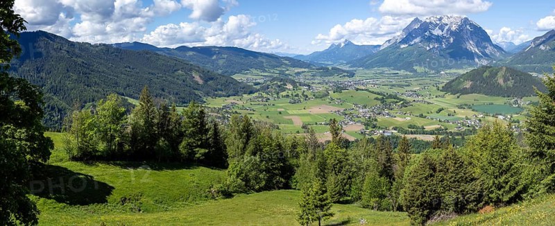 View from the Stalingrad Chapel into the Enns Valley, Grimming, Hoher Dachstein, Kammspitze, panoramic view, Aigen im Ennstal, Styria, Austria, Europe