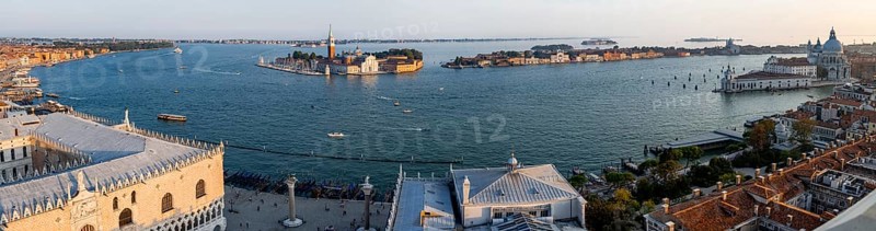 Panorama, evening mood, Doge's Palace and St Mark's Square, Isola di San Giorgio Maggiore with San Giorgio Maggiore church and Guidecca island, view from the Campanile di San Marco bell tower, city view of Venice, Veneto, Italy, Europe
