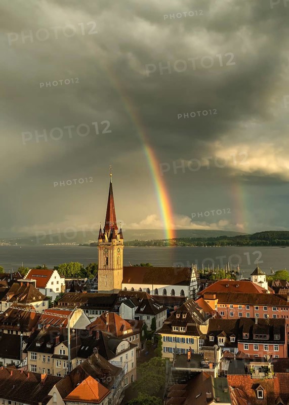Aerial view of the town of Radolfzell on Lake Constance with the Radolfzell Minster in front of sunset, with a double rainbow after a heavy rainstorm, thunderstorm, thunderstorm, district of Constance, Baden-Wuerttemberg, Germany, Europe