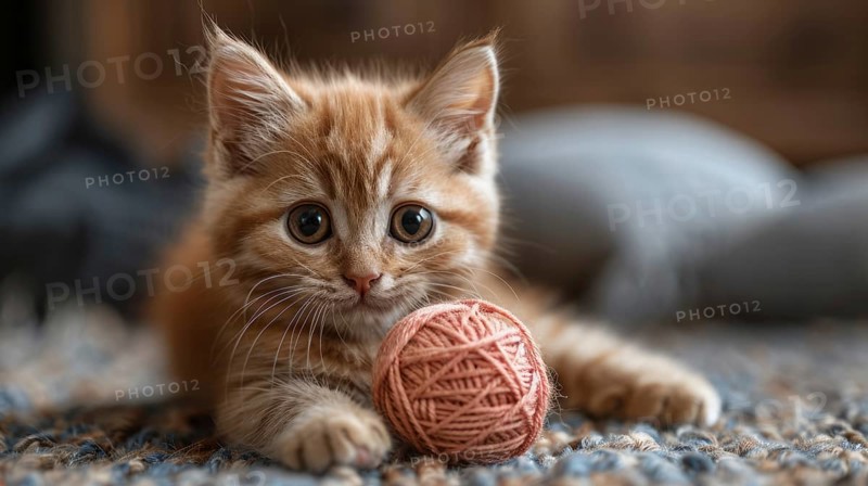 An orange-furred kitten with big eyes plays with a yarn ball in a cozy home environment, AI Generated, AI generated