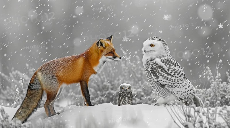 A red fox and two snowy owls interact in a snowy landscape, creating a serene winter wildlife scene, AI generated