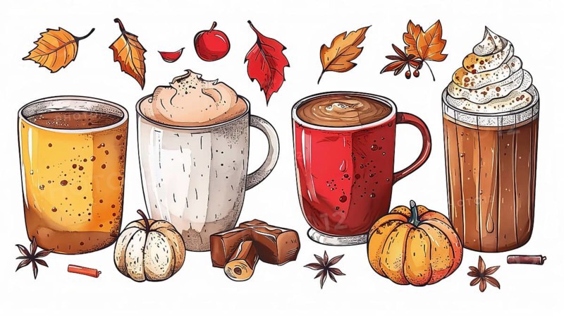Illustration of different coffee cups garnished with autumn flavors and decorations like leaves, pumpkins and candy, AI generated