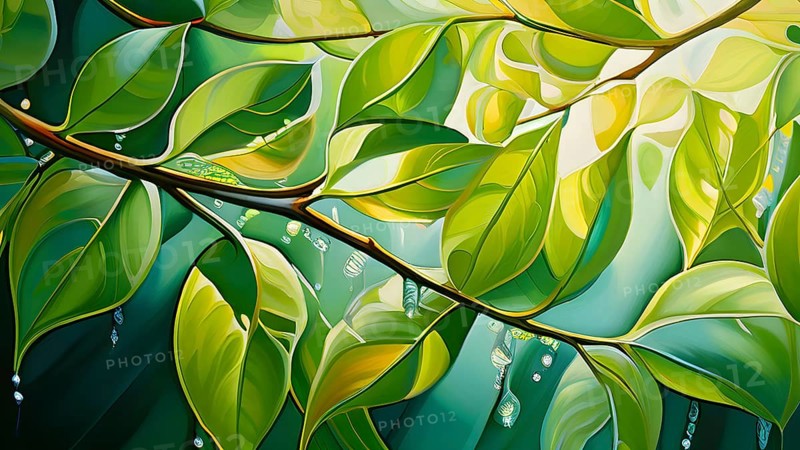 Abstract digital painting embodying sustainability with intertwining leaves glisten with water droplets, AI generated