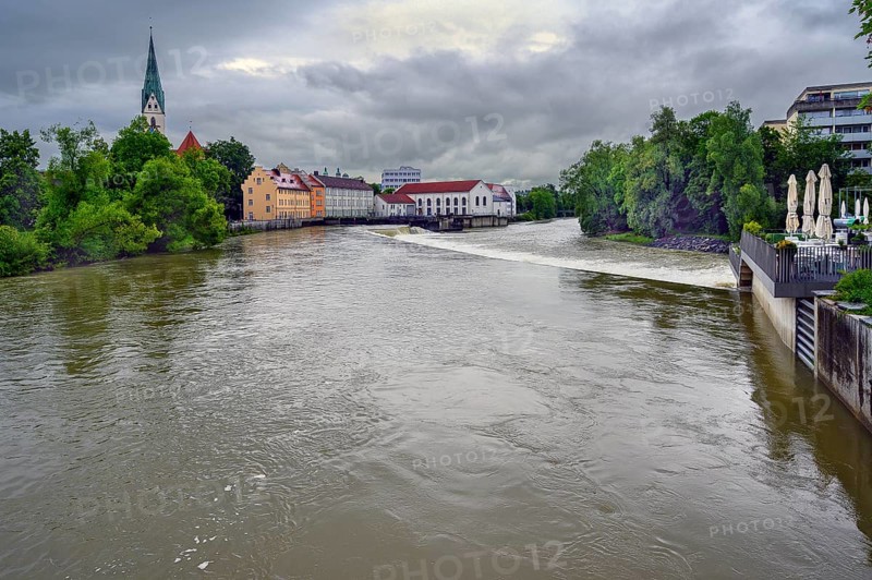 Flood at the Iller dam Ueberlandwerk, Kempten, Allgaeu, Swabia, Bavaria, Germany, Europe