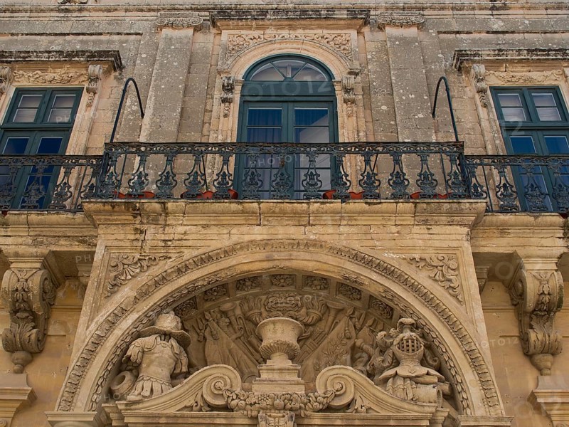 Close-up of a historic building with richly decorated balcony and stucco ornaments, the town of mdina on the island of malta with historic houses, colourful balconies, magnificent churches, mdina, Malta, Europe