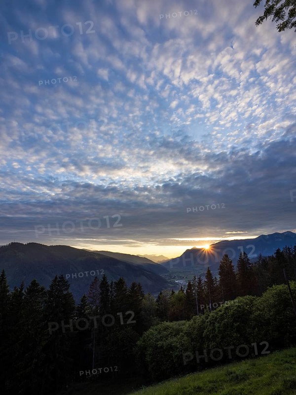 Sunset over the Eisenerz Alps, mountain massif Reiting, in the Liesingtal the village Traboch, view from the lowlands, Leoben, Styria, Austria, Europe