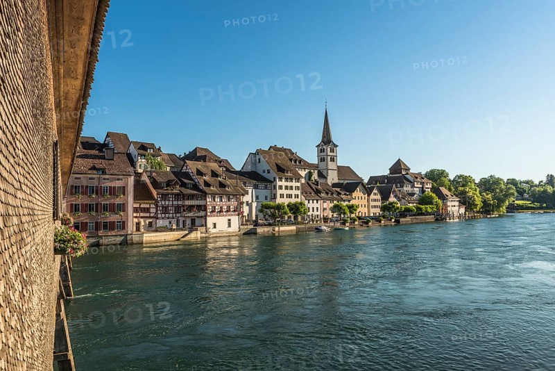 View from the historic wooden bridge over the Rhine to the old town centre of Diessenhofen, Canton Thurgau, Switzerland, Europe