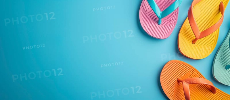 Multi-colored beach flip flops over bue background with copy-space. Summer concept, IA generated, AI generated