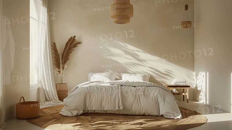 Modern bedroom interior with double bed and decor, AI generated
