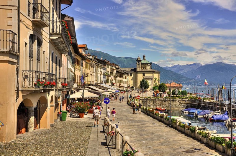 Beautiful Old Town on the Waterfront to Lake Maggiore with Mountain in a Sunny Day in Cannobio, Piedmont, Italy, Europe