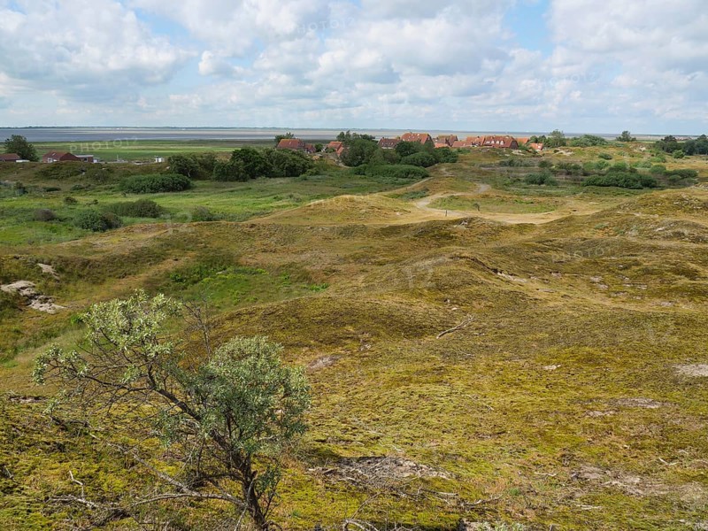 View of a distant village behind hilly, green landscape and meadows under a cloudy sky, Baltrum Germany