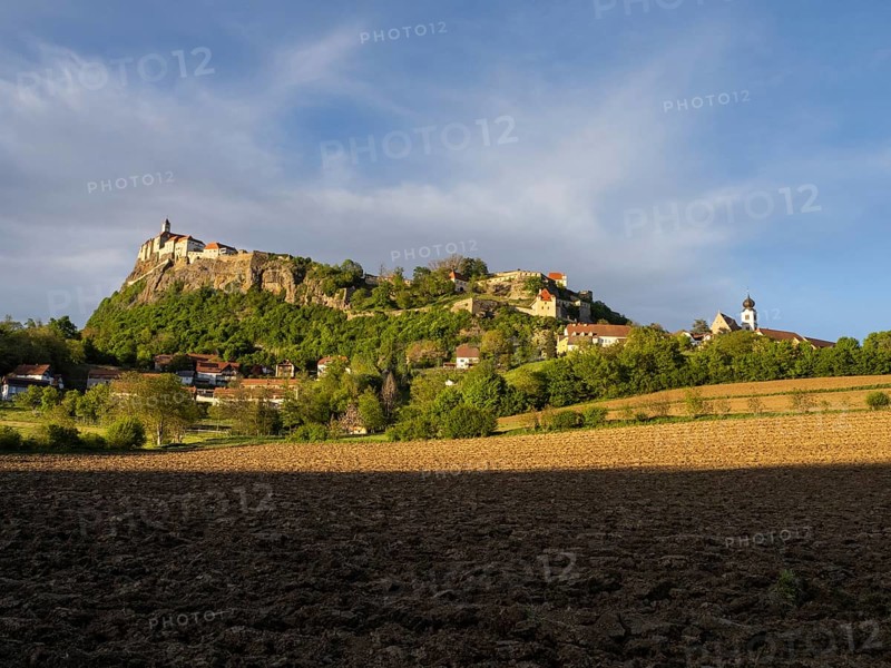 Farmland, Riegersburg Castle in the background, near Riegersburg, Styria, Austria, Europe