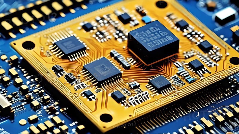 Close-up of a printed circuit board with microchip processor CPU, various electronic components and connections, symbol image data transmission, technology, computer, hardware and industry, AI generated, AI generated