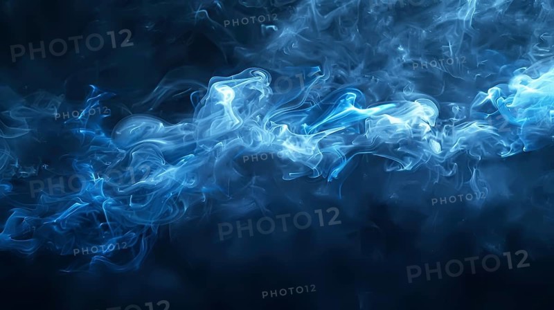 Blue smoke against a dark background, creating an ethereal and abstract atmosphere with swirling patterns, AI generated