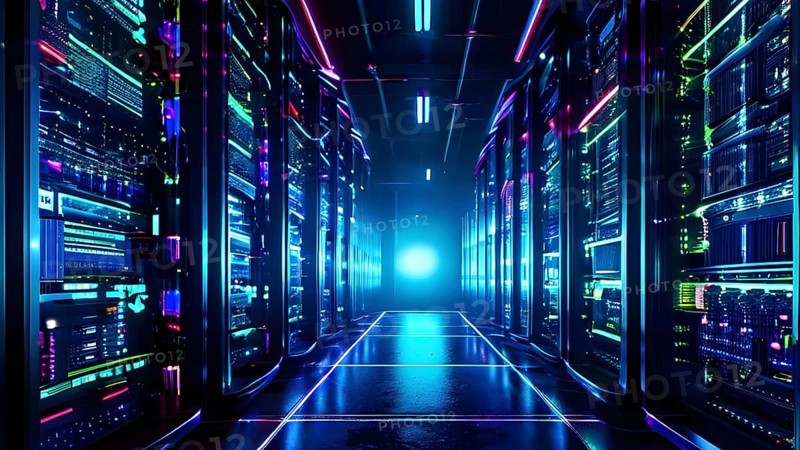 Server racks aligned in rows within a cloud computing data center background and data streams flowing, AI generated