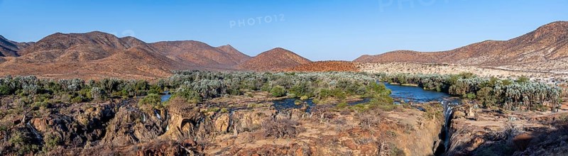 Panorama, Kunene River with green vegetation in dry red mountain landscape, waterfall and African Baobab (Adansonia digitata), in the evening light, Epupa Falls, Kunene, Namibia, Africa