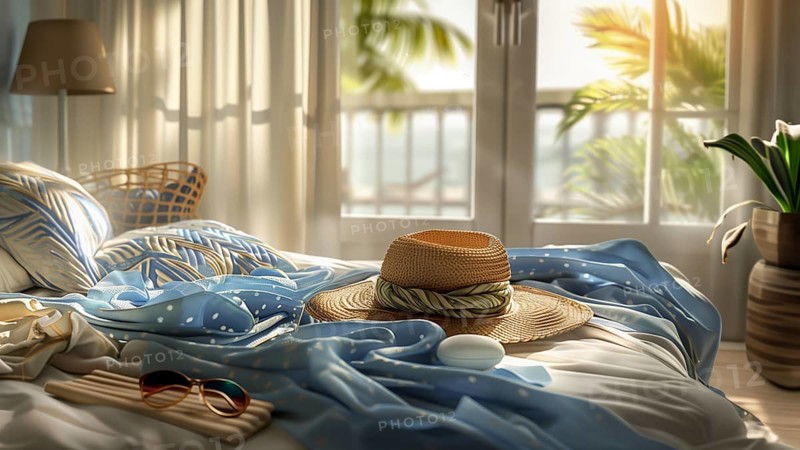A beach scene with a straw hat and sunglasses on a bed. The window is open, letting in the sunlight, AI generated