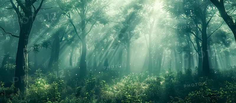 A mystical forest scene bathed in ethereal sunlight that filters through dense trees casting serene shadows, AI generated