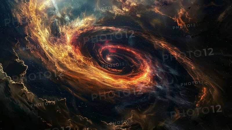 A glowing black hole with red and orange cosmic swirls and bright stars in space, AI generated