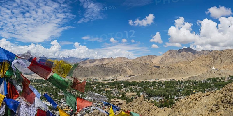 Panorama from Tsenmo hill over Leh and the Indus valley to Stok Kangri, 6153m, Ladakh, Jammu and Kashmir, India, Asia