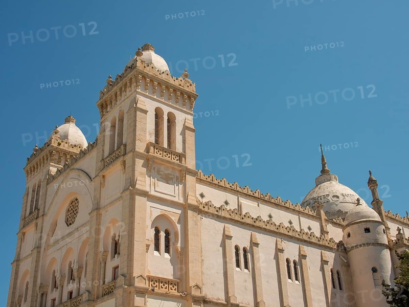 Large historic building with domes and decorations under a clear blue sky, Tunis in Africa with ruins from Roman times, modern mosques and blue and white houses in sidi-bou-said, Tunis, Tunisia, Africa