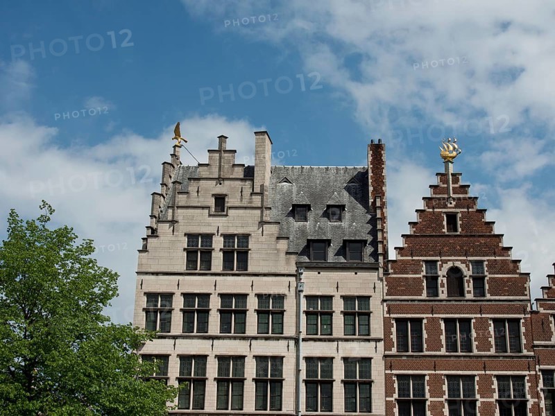 Two buildings with striking Renaissance and Gothic architectural elements under a blue sky, Historical Buildings, Antwerp, Belgium, Europe