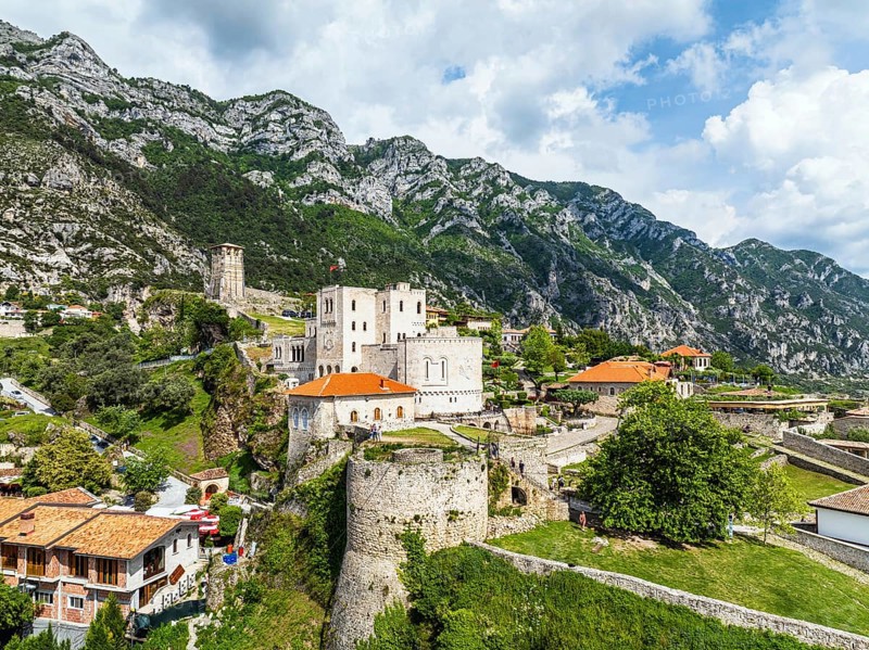 Kruje and Mount Kruje from a drone, Ishem River, Albania, Europe
