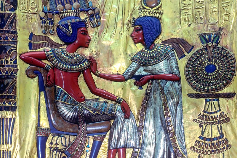 Throne of Pharaoh Tutankhamun, the backrest shows his woman Ankh-Sun-Amun anointing her man, Egyptian Museum Cairo, Egypt, Africa