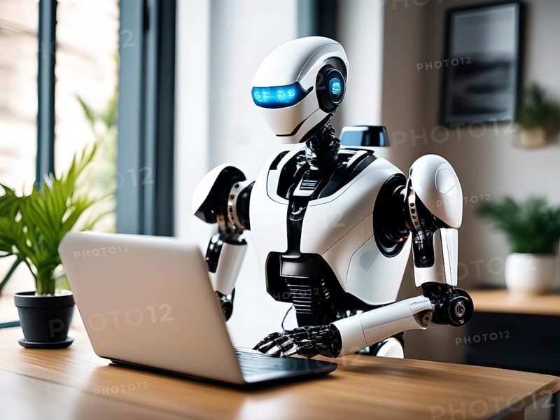 Android, robot writing on a laptop in the home office, symbolic image artificial intelligence replaces human labour, AI generated, AI generiert, AI generated
