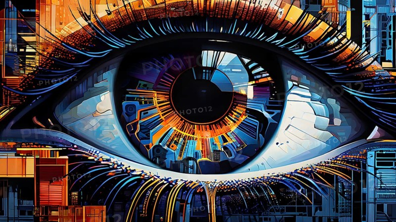 Illustration mosaic collage of an abstract detailed eye morphing into urban cityscape, AI generated