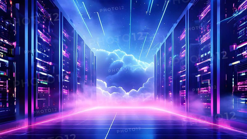 Server racks aligned in rows within a cloud computing data center background and data streams flowing, AI generated