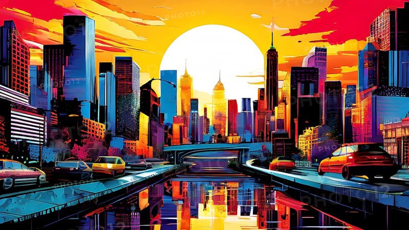 Urban cityscape collage featuring a mosaic of vibrant colors, AI generated