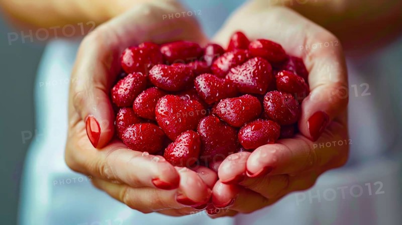 A heart-shaped arrangement of strawberries held in hands, combining love with freshness and a calming feel