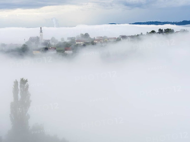 Church rises out of the morning mist, Frauenberg pilgrimage church, near Leibnitz, Styria, Austria, Europe