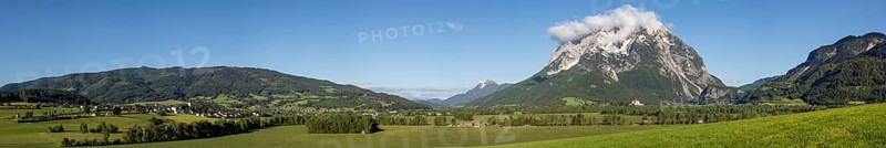 Meadows and fields in the morning light, behind the village of Irdning and the Grimming, panoramic view, near Irdning, Styria, Austria, Europe