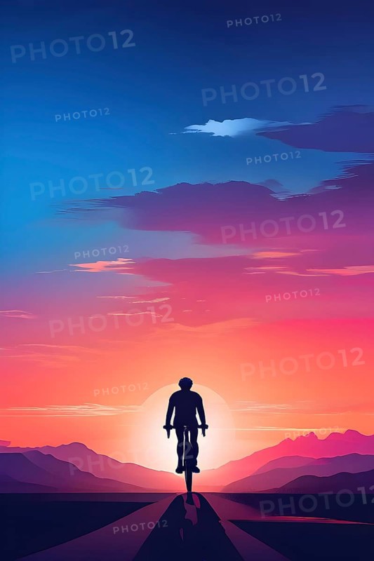Illustration of a cyclists silhouette in calm harmony bathed in the breathtaking palette of a sunset, AI generated