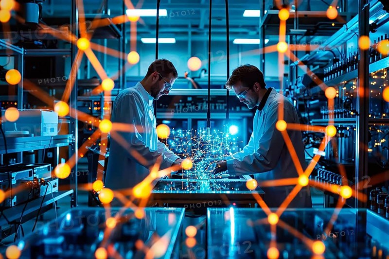 Quantum simulation using a sophisticated quantum computer in a modern laboratory, the image focuses on the intricate, holographically represented, network of quantum bits (qubits) represented by glowing nodes and strands, and on scientists in lab coats observing the simulation, AI generated, AI generated