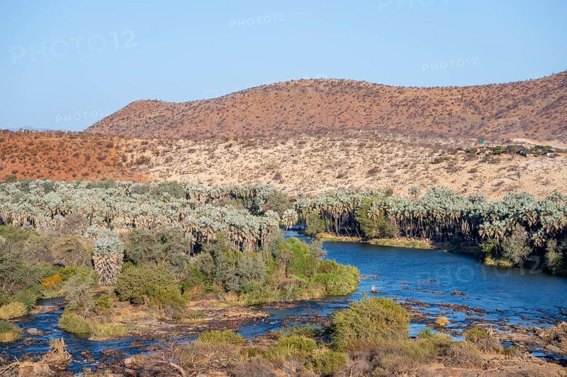 Kunene River with green vegetation in dry red mountain landscape, Epupa, Kaokoveld, Kunene, Namibia, Africa
