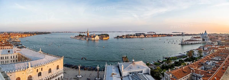 Panorama, evening mood, Doge's Palace and St Mark's Square, Isola di San Giorgio Maggiore with San Giorgio Maggiore church and Guidecca island, view from the Campanile di San Marco bell tower, city view of Venice, Veneto, Italy, Europe