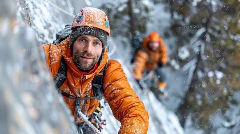 Mountain climber with full equipment climbing, ai generated, AI generated