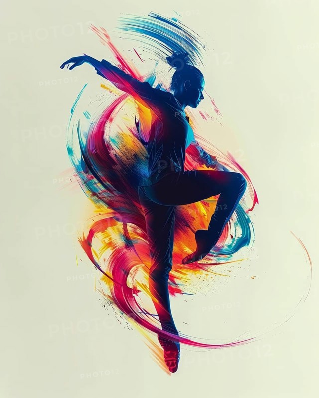 Ballet dancer in mid-leap enveloped by a vibrant explosion of colors, giving a sense of dynamic motion and gracefulness, AI generated