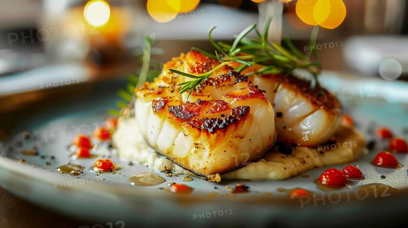 Seared scallops garnished with herbs and served with sauce and vegetables, AI generated