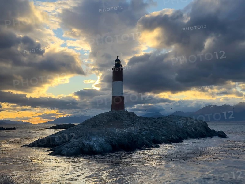 Lighthouse Faro Les Eclaireurs at sunset, dramatic clouds, Beagle Channel, Tierra del Fuego, Tierra del Fuego, Argentina, South America
